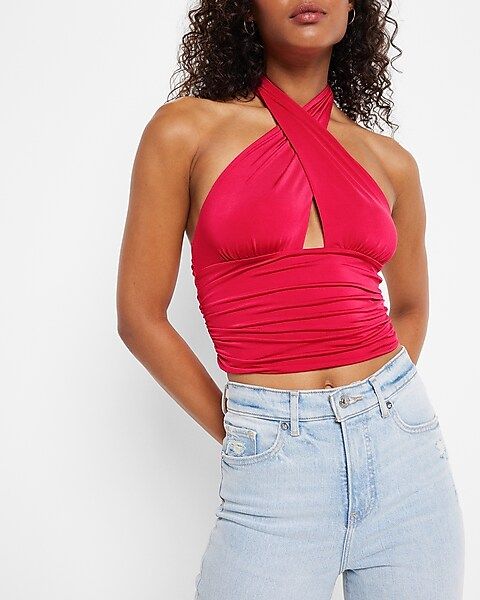 Body Contour Silky Ruched Halter Multi-way Cropped Tank | Express