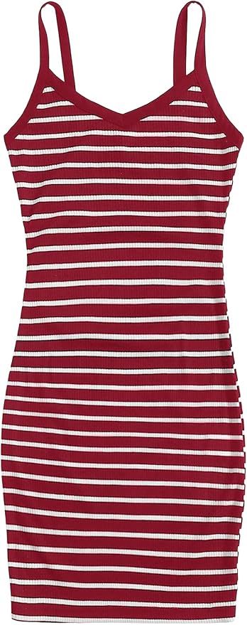 SheIn Women's Stripe Sleeveless Bodycon Mini Dress V Neck Ribbed Knit Short Cami Dresses | Amazon (US)