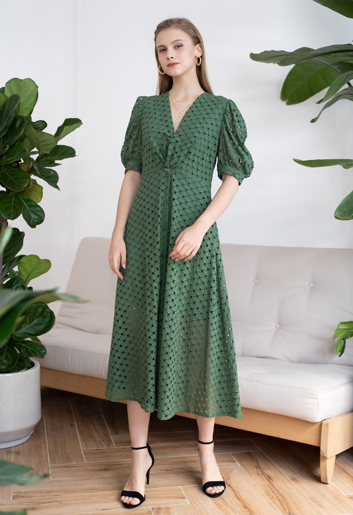 Twist V-Neck Buttoned Eyelet Dress in Green | Chicwish