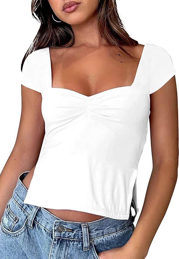 Women Cute Sweetheart Neck Side Splits Crop Top Cap Sleeves Backless Slim Fit Cropped Shirt Tees | Amazon (US)