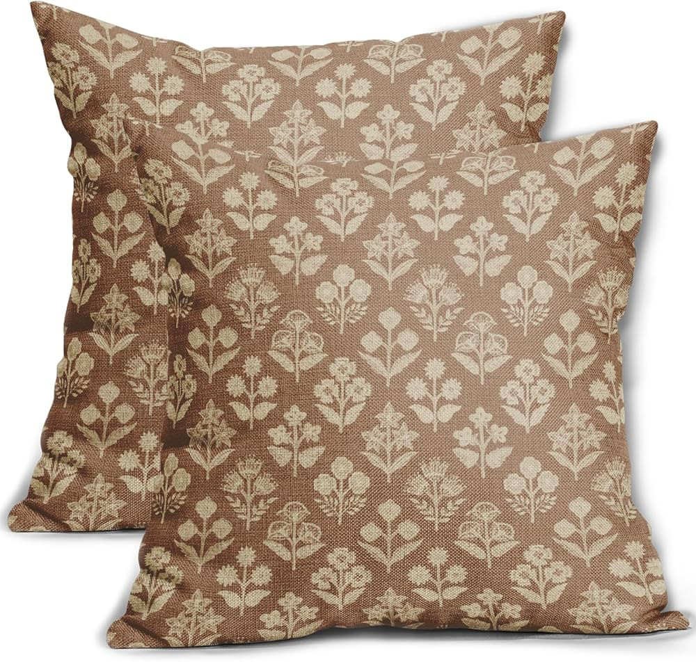 Brown Floral Block Print Pillow Covers 20x20 Inch Set of 2, Vintage Flower Pattern Decorative Thr... | Amazon (US)