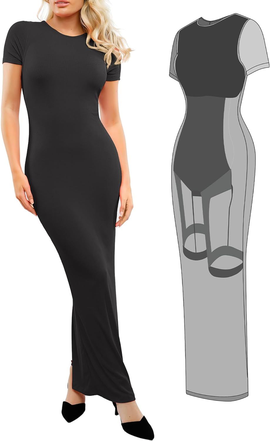 Popilush Crew Neck Shaper Dress Built - in Shapewear Bra 8 in 1 Sleeveless Fall Maxi Bodycon Loun... | Amazon (US)