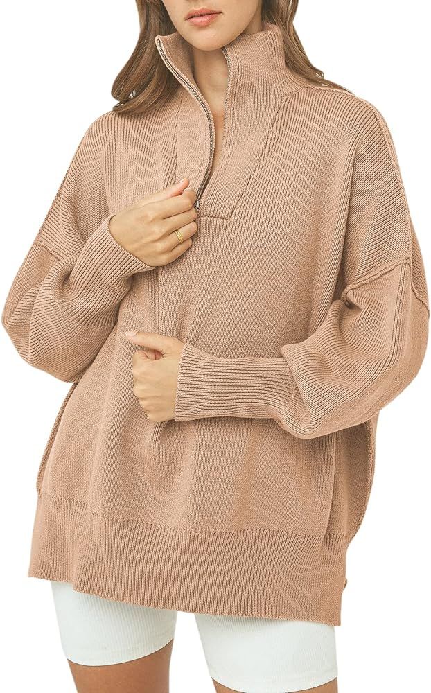 Prinbara Women's Long Sleeve Half Zipper Collar Drop Shoulder High Neck Ribbed Knit Slit Pullover... | Amazon (US)