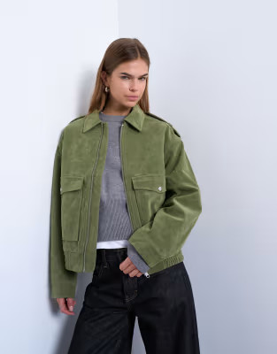 Faux suede quilted lined bomber jacket with popper details in sage green | Topshop
