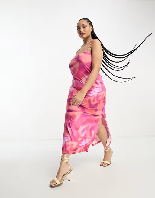 Vila Curve cami midaxi dress in pink abstract print | ASOS (Global)