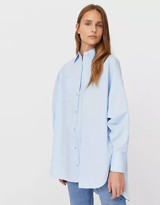 Stradivarius oversized poplin shirt in blue | ASOS (Global)