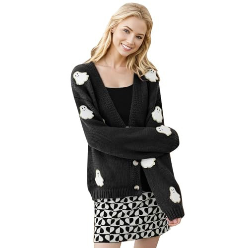 CHICWISH Women's Black Halloween Ghost Patch Open Front Cardigan Sweaters V Neck Casual Button Down Long Sleeve Knit Cardigan Coats | Amazon (US)