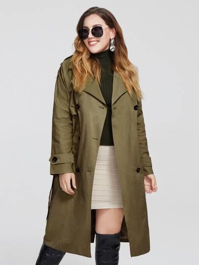 Plus Button Front Belted Trench Coat | SHEIN