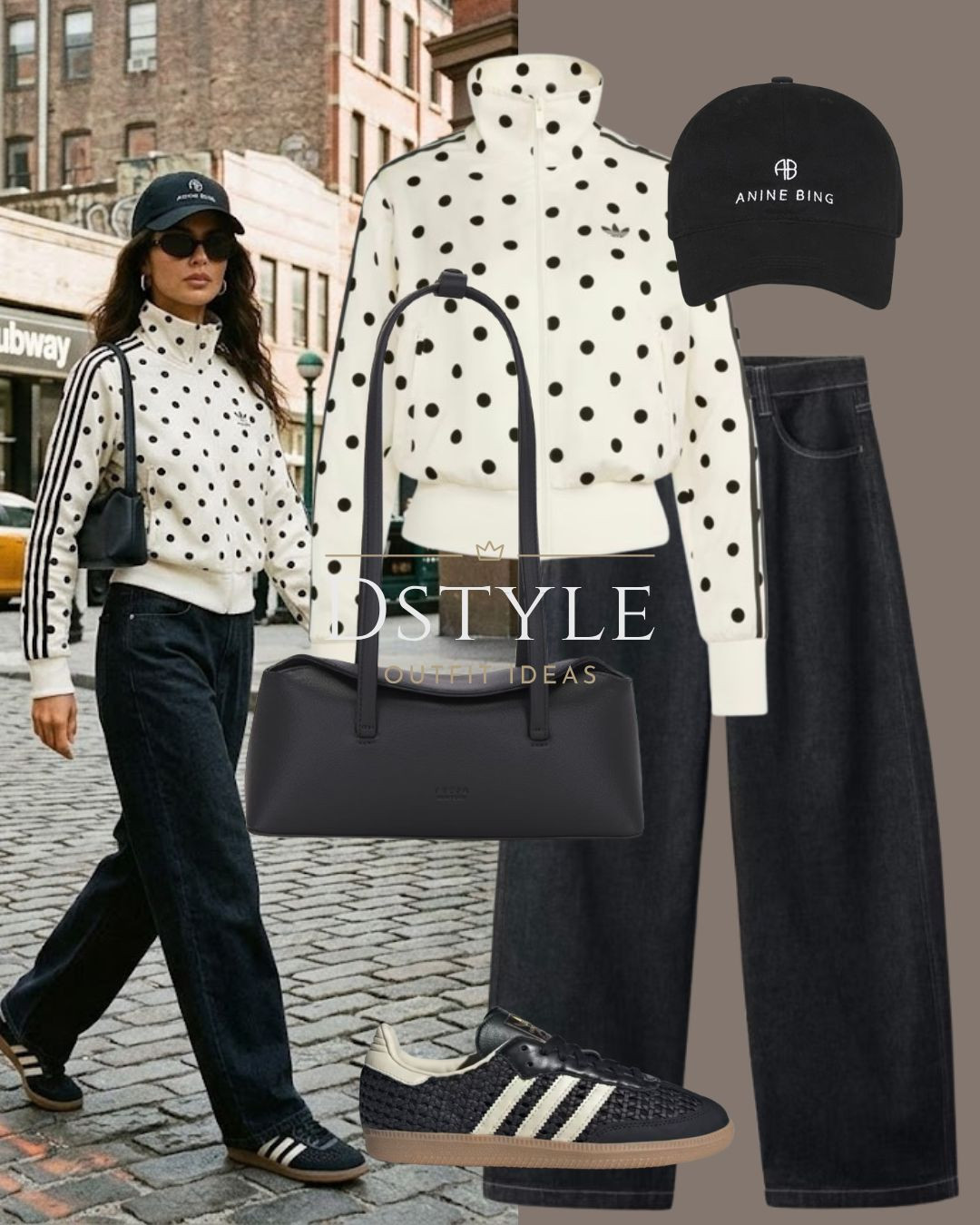 Polka dots + black denim = instant outfit upgrade 🖤 

tags: Adidas polka dot track jacket, wide leg black jeans, Anine Bing cap, city street style, casual denim look 

 #LTKootd #LTKmomlife #LTKTravel