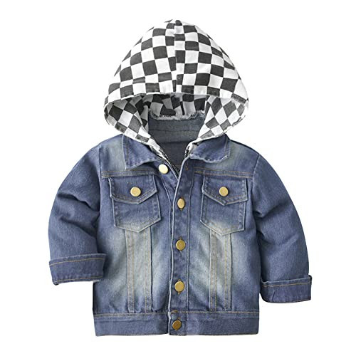 IDOPIP Toddler Kids Boys Girls Baby Denim Jacket Red Buffalo Plaid Hoodie Jean Jacket Coat Long Sleeve Zipper Hooded Trucker Jackets Cowboy Overcoat Basic Casual Outwear Blue + Plaid 12-18 Months | Amazon (US)