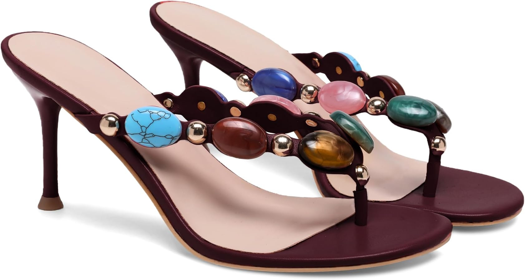 Oakmoo Women's Jeweled Thong Strappy Sandal Summer Mules Kitten Heels Flip Flop Round Open Toe Mi... | Amazon (US)