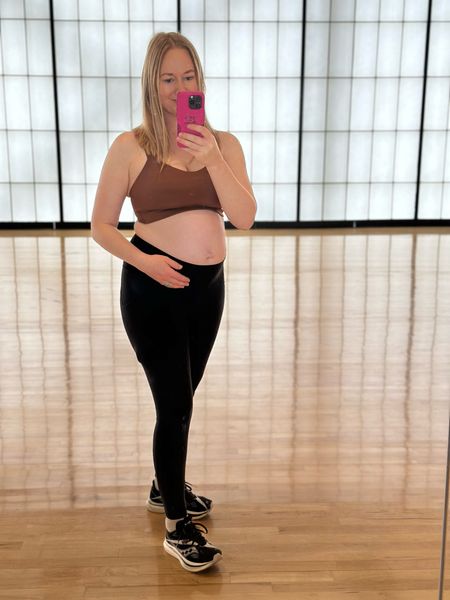 Post workout bump check. I’m wearing a cloud bra size 6 D/DD and size 6 align leggings with pockets. I’m almost 25 weeks pregnant and could size up. Bump Style 

#LTKFitness #LTKBump #LTKFindsUnder100