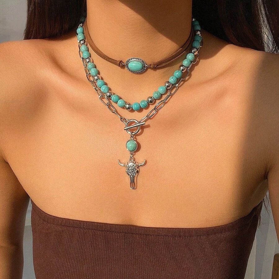 3pcs/Set Vintage Bohemian Style Imitation Turquoise Velvet Choker Necklace Set With Beads And Bul... | SHEIN