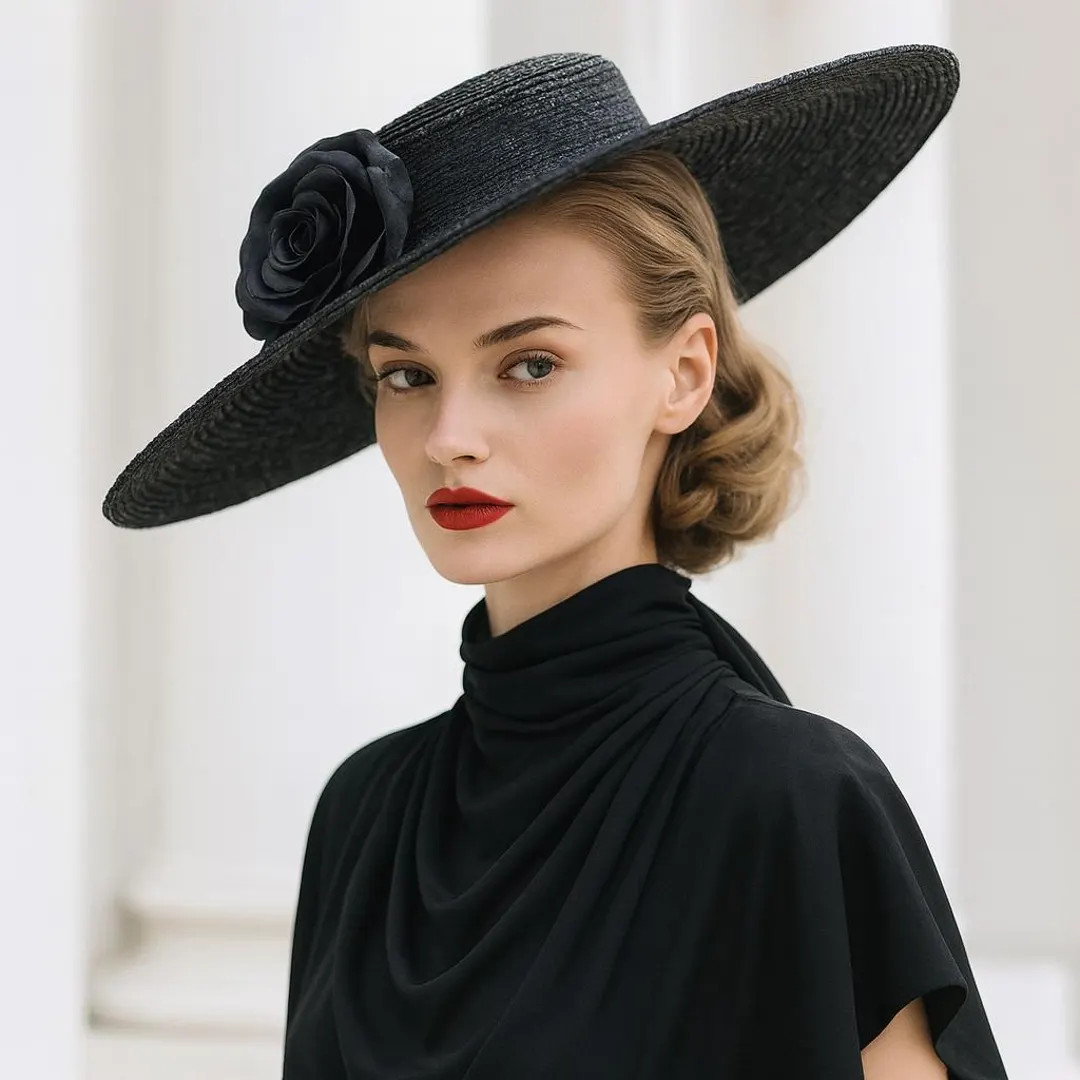 NOIR NOIR Wide Brim Straw Boater with Silk Rose for Wedding Guests, Oaks Day, Royal Ascot Enclosu... | Etsy (US)