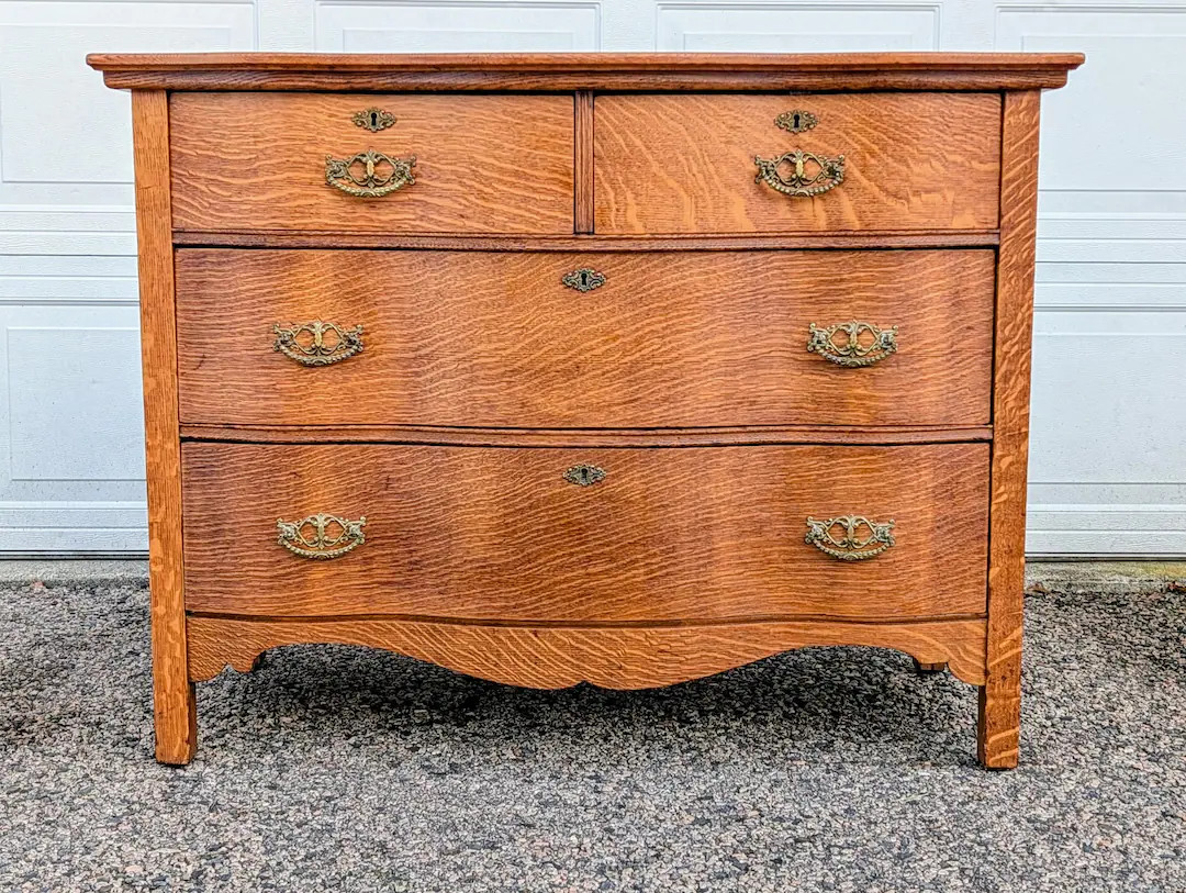Antique Tiger Oak Dresser, 4 Drawers, Serpentine Front, Ornate Brass Hardware, Working Key - *fre... | Etsy (US)