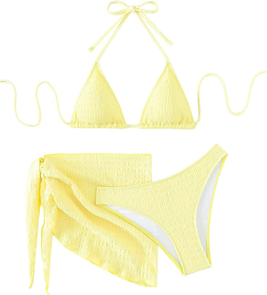 SHENHE Women's 3 Piece Textured High Cut Halter Triangle Bikini Swimsuit with Cover Up | Amazon (US)