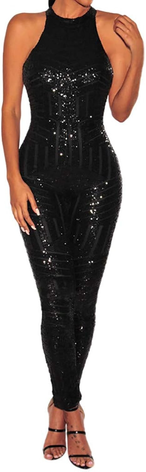 Nevera One Piece Night Club Outfits for Women Halter Top Sequin Shiny Pants Bodycon Jumpsuit | Amazon (US)