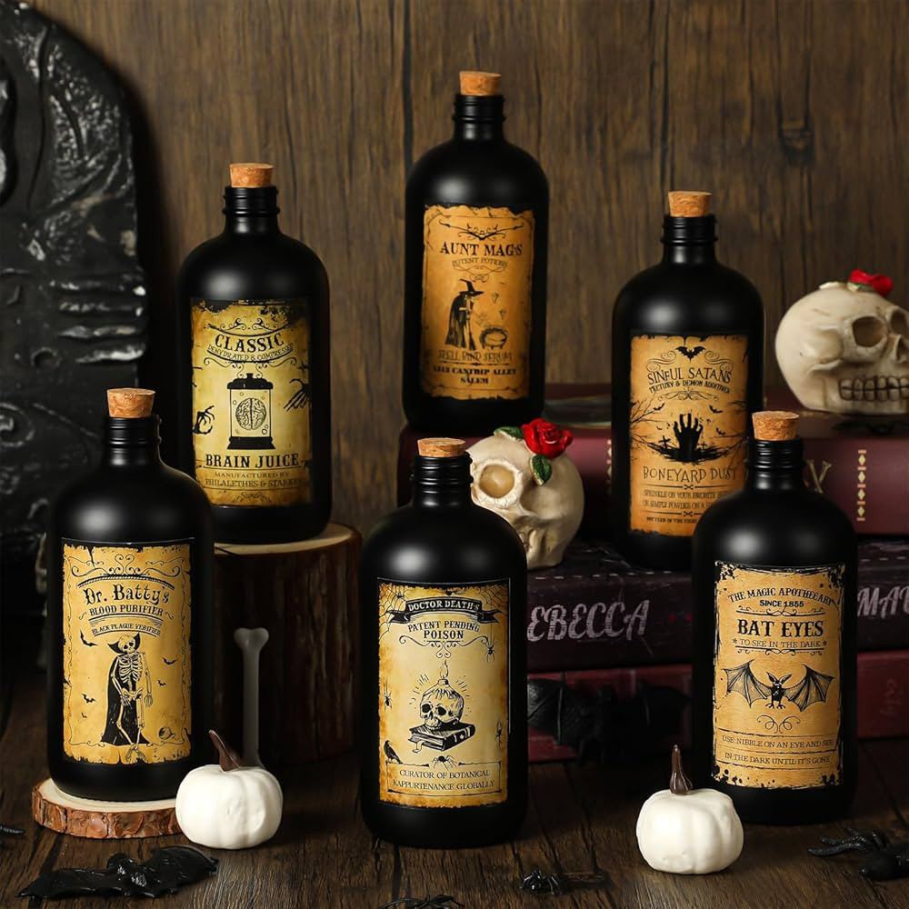 Poen 6 Pcs Halloween Potion Bottle with Cork and Lid 16 oz Glass Apothecary Bottles with 6 Pcs La... | Amazon (US)