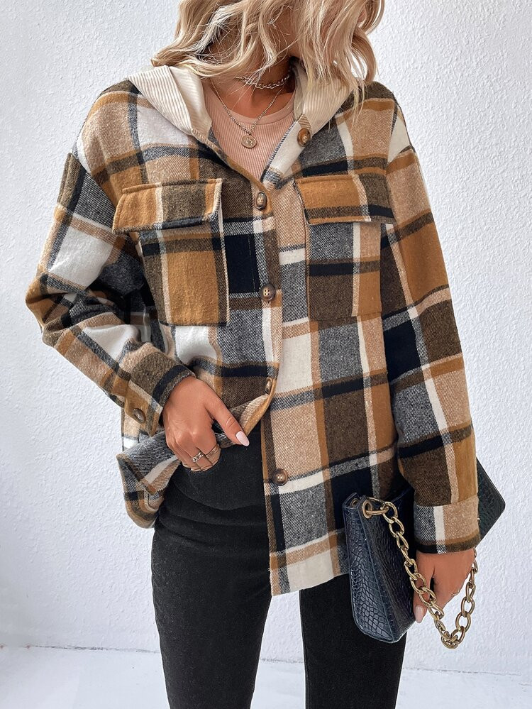 Plaid Print Drop Shoulder Flap Pocket Hooded Overcoat | SHEIN