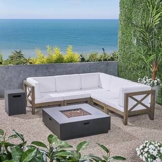 Noble House Culatra Grey 7-Piece Wood Patio Fire Pit Sectional Seating Set with White Cushions 54... | The Home Depot