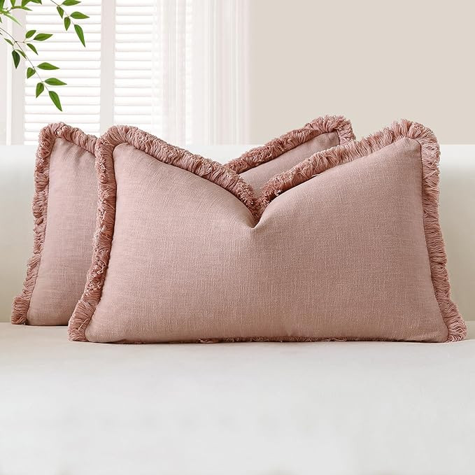 OTOSTAR Set of 2 Linen Fringe Decorative Throw Pillow Covers 12x20 Inch Soft Lumbar Cushion Cover... | Amazon (US)