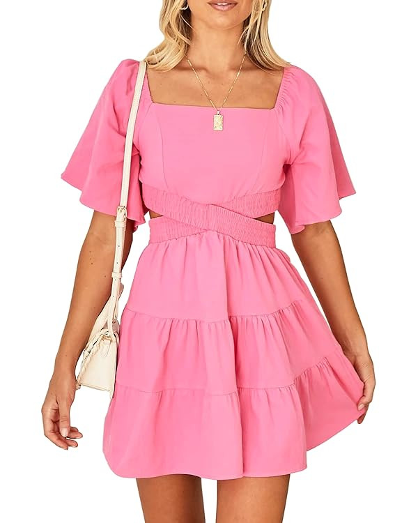 Shy Velvet Women's Summer Dress Square Neck Short Sleeves Crossover Waist Casual Party Mini Dress | Amazon (US)