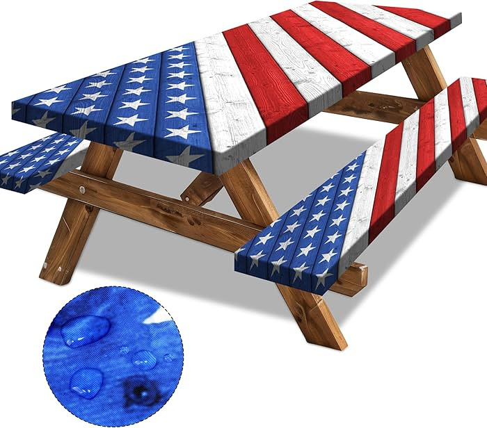 Picnic Table Cover with Bench Covers American Flag Camping Essentials Waterproof Tablecloth Wood ... | Amazon (US)