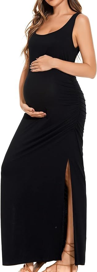 Smallshow Women's Split Long Maternity Dress Sleeveness Ruched Pregnancy Clothes | Amazon (US)