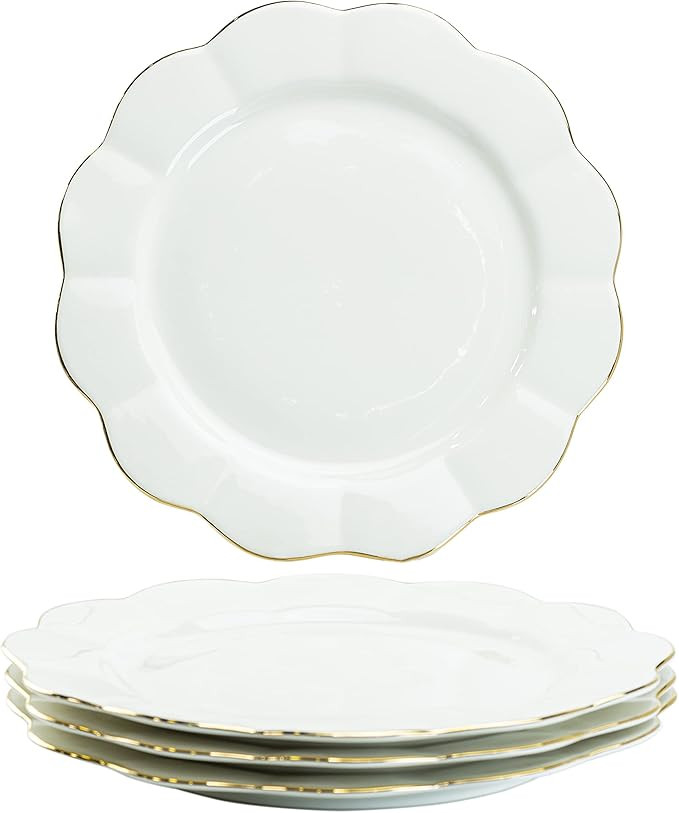 Gracie China Porcelain White Gold Scallop Set of 4 Dinner Plates 11-Inch | Amazon (US)