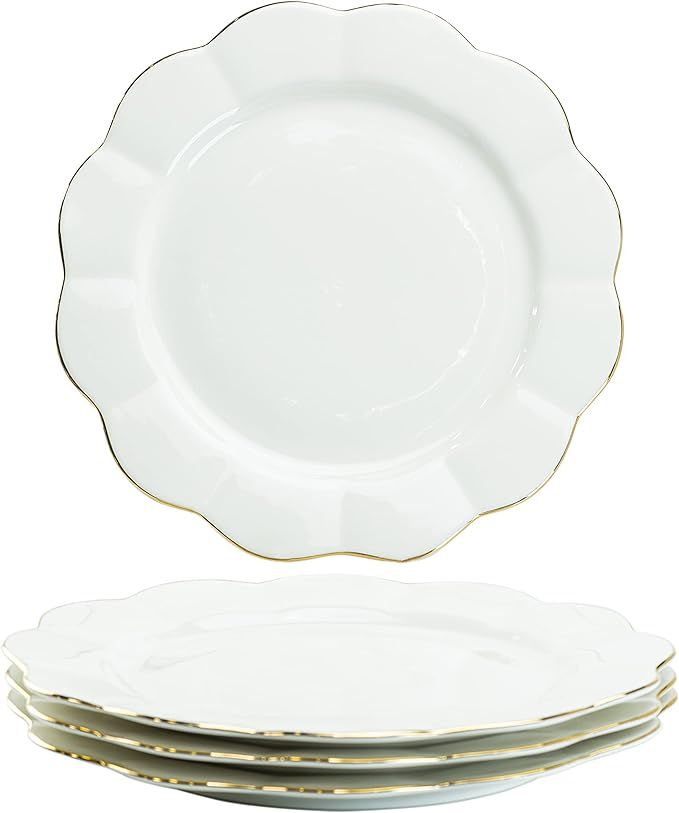Gracie China Porcelain White Gold Scallop Set of 4 Dinner Plates 11-Inch | Amazon (US)