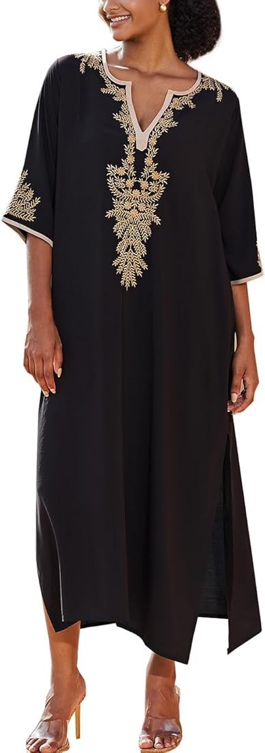 L-Peach Women's Floral Embroidery Kimono Long Dress Maxi Kaftan Summer Beach Boho Cover up Tops | Amazon (UK)