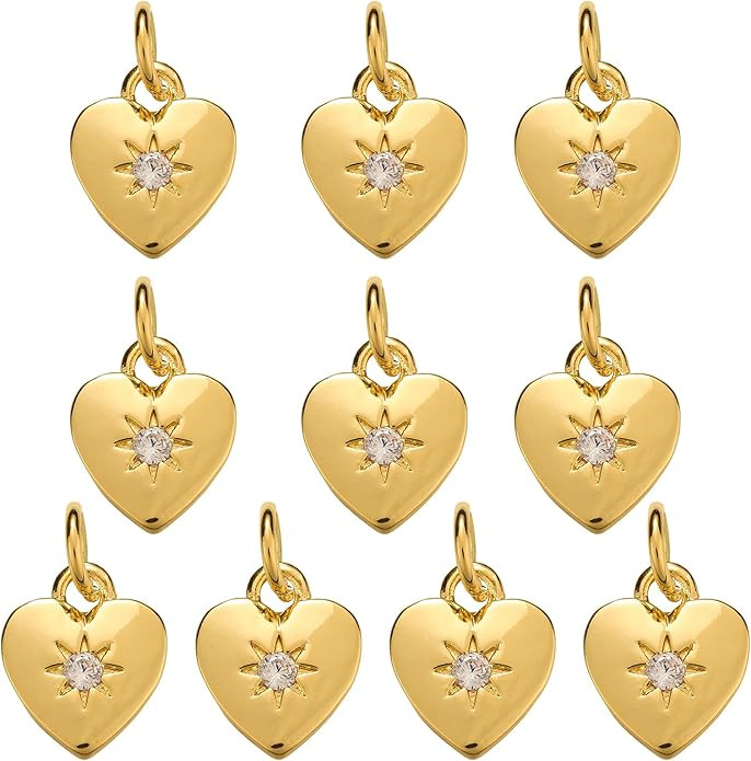 COGCHARGER 10 pcs Gold Plated Heart Charms for Jewelry Making Compass Brass Cubic Zirconia Pendan... | Amazon (US)
