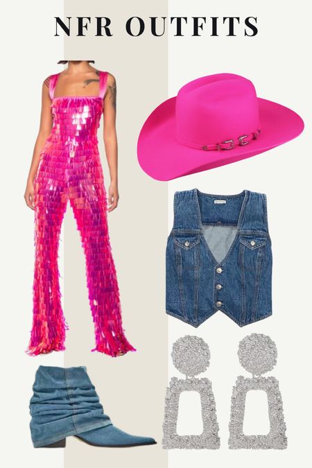 NFR outfits , pink hat , denim vest , silver earrings , denim booties , pink jumpsuit , western , concert outfit , holidays 

#LTKsalealert #LTKfindsunder100 #LTKstyletip