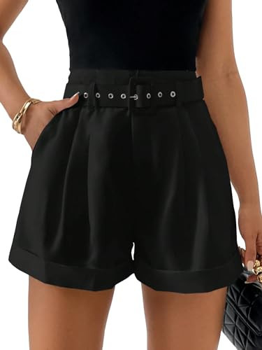 SweatyRocks Women's Casual High Waist Wide Leg Shorts Plicated Roll Hem Belted Shorts Black Small | Amazon (US)