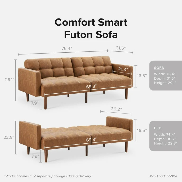Mopio Aaron Mid Century Modern Faux Leather Convertible Futon 77.5" (Pecan Brown) | Walmart (US)