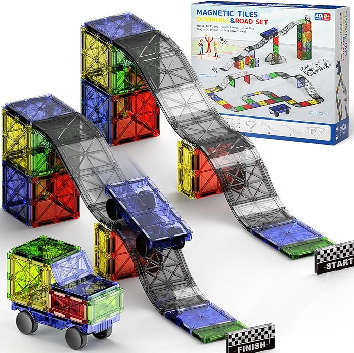 2-in-1 Magnetic Tile Downhill & Road Set - 40PCS Magnetic Building Blocks with Car, Montessori Pr... | Amazon (US)
