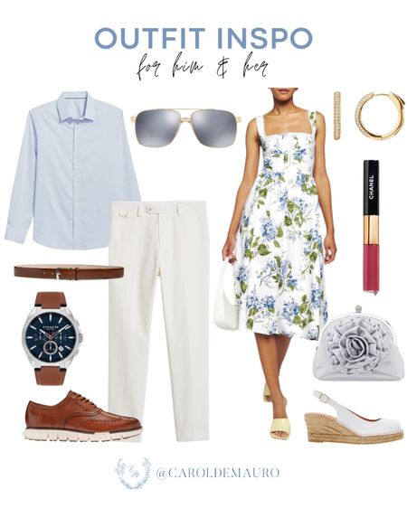 Match outfits this spring with a white floral dress paired with sling-back wedges and a cute purse for you. For your partner, white pants, a light blue long-sleeve polo, and low-top sneakers!
#couplelook #coupleoutfit #mensfashion #petitestyle

#LTKstyletip #LTKshoecrush #LTKbeauty