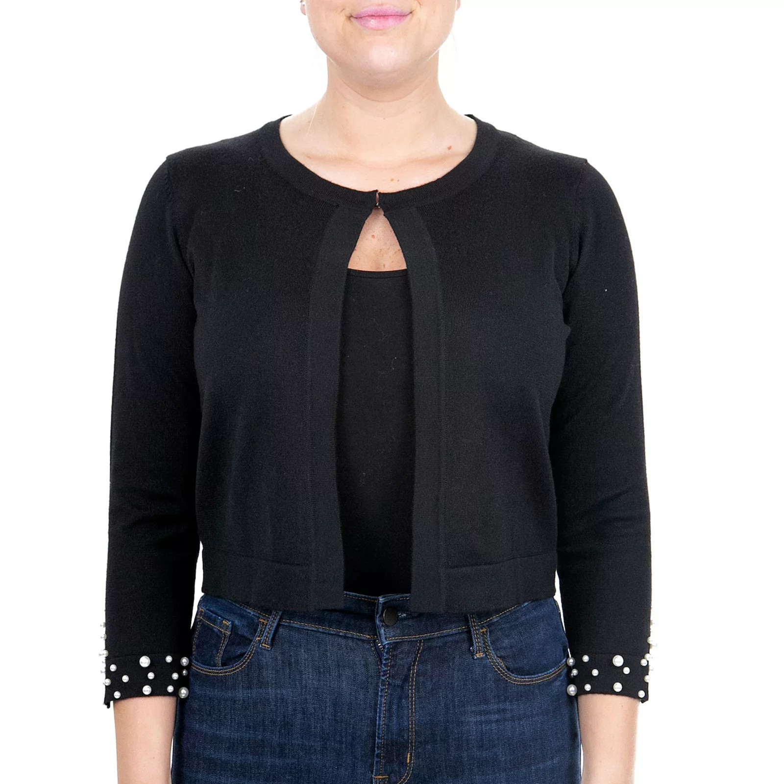 Women's Nina Leonard Simulated-Pearl Trim Bolero, Size: Small, Black | Kohl's