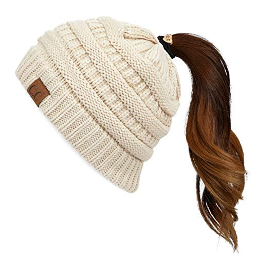 C.C Exclusives Soft Stretch Cable Knit Messy Bun Ponytail Beanie Winter Hat for Women (MB-20A) | Amazon (US)