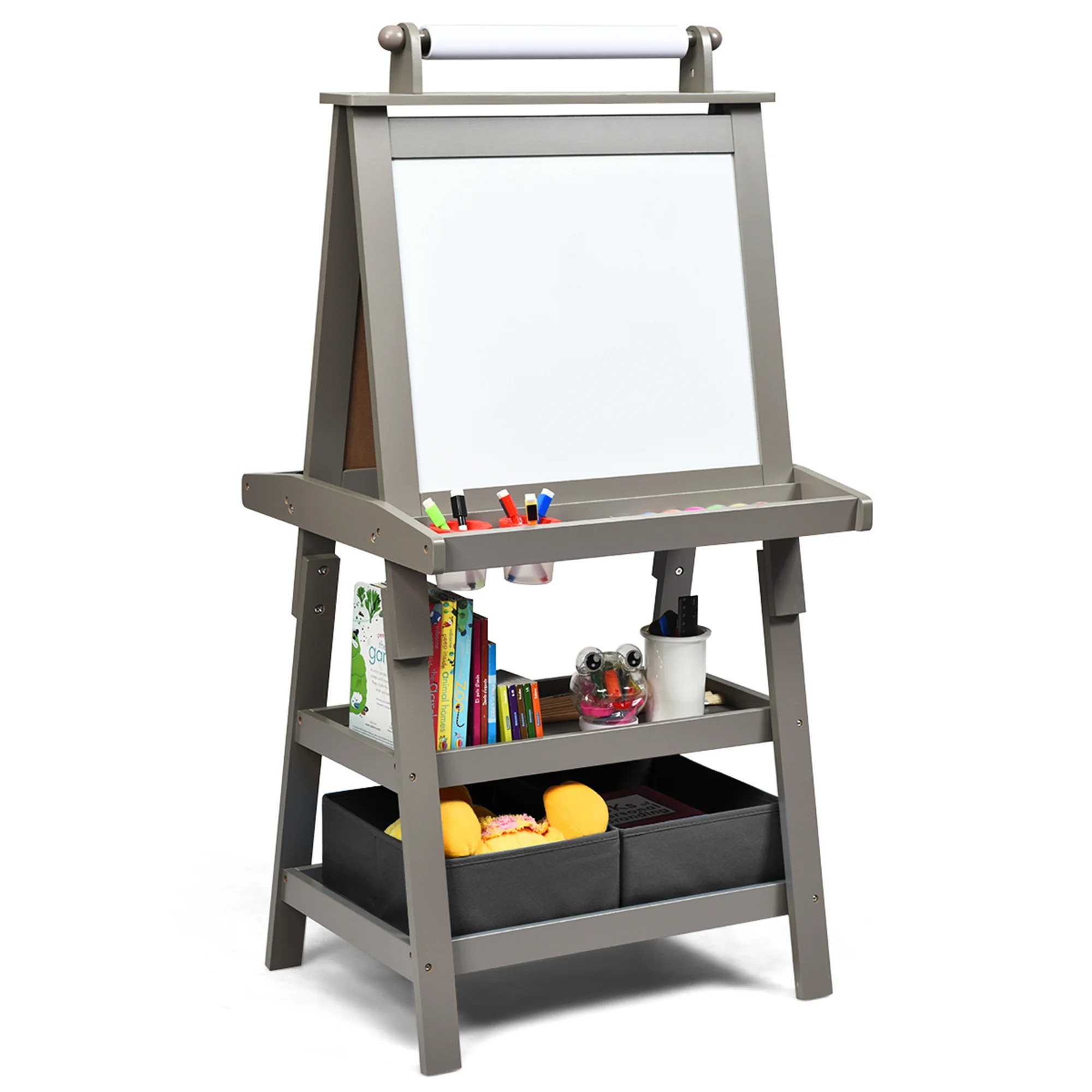 Costway 3 in 1 Double-Sided Wooden Kid's Art Easel Whiteboard Grey | Walmart (US)