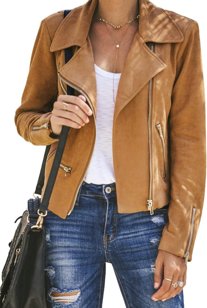 EVALESS Women's Faux Suede Moto Biker Short Coat Jacket | Amazon (US)