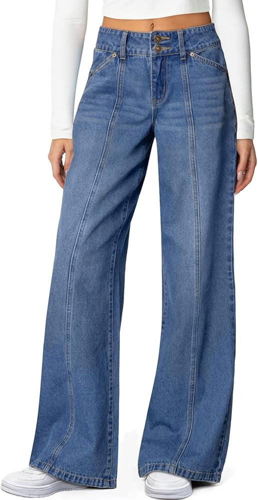 Sidefeel Women's Wide Leg Jeans High Waisted Stretchy Straight Leg Jeans Trendy Seamed Front Loos... | Amazon (US)