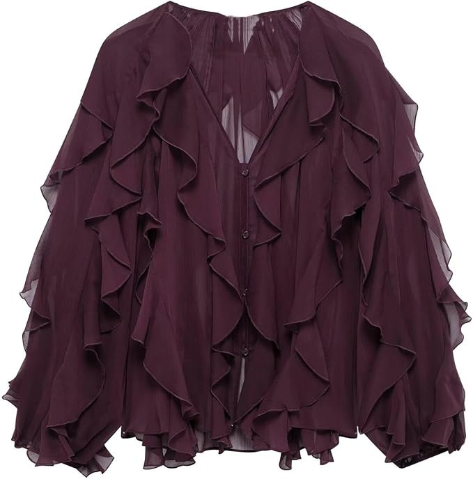 Womens Ruffle Chiffon Blouse Trendy Semi Sheer V Neck Top Long Sleeve Button Down Oversized Shirt... | Amazon (US)