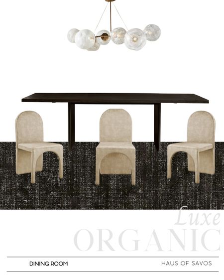 Luxe organic - Mixing organic and glam elements 🤍 

Black and tan rug, black wood dining table, oversized dining table, mango wood dining table, tan dining chairs, velvet dining chairs, unique dining chairs, curved dining chairs, globe chandelier, gold and white chandelier, 10 x 14 rug, 9 x 12 rug, dining room ideas, organic modern 

#organicmodern #organic #luxeorganic #diningroom 

#LTKFind #LTKhome #LTKmens