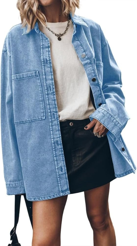 ELFTOWN Women's Oversized Denim Jackets Long Sleeve Button Up Vintage Boyfriend Jean Shacket | Amazon (US)
