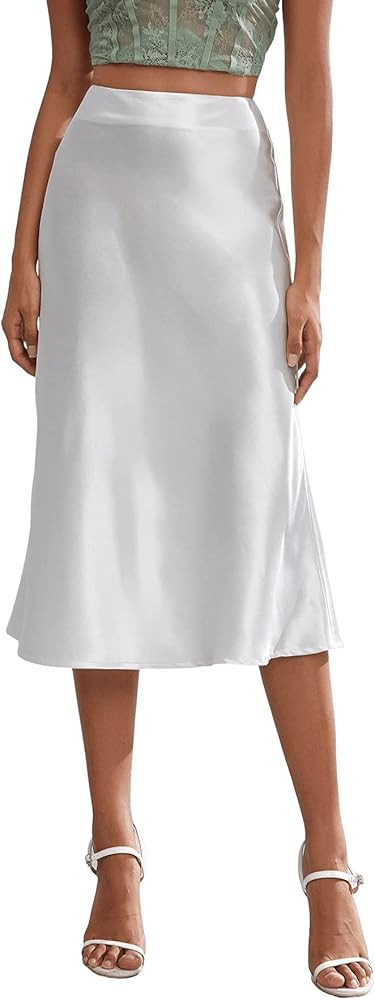 Verdusa Women's Elegant High Waist Satin A Line Flared Midi Skirt | Amazon (US)