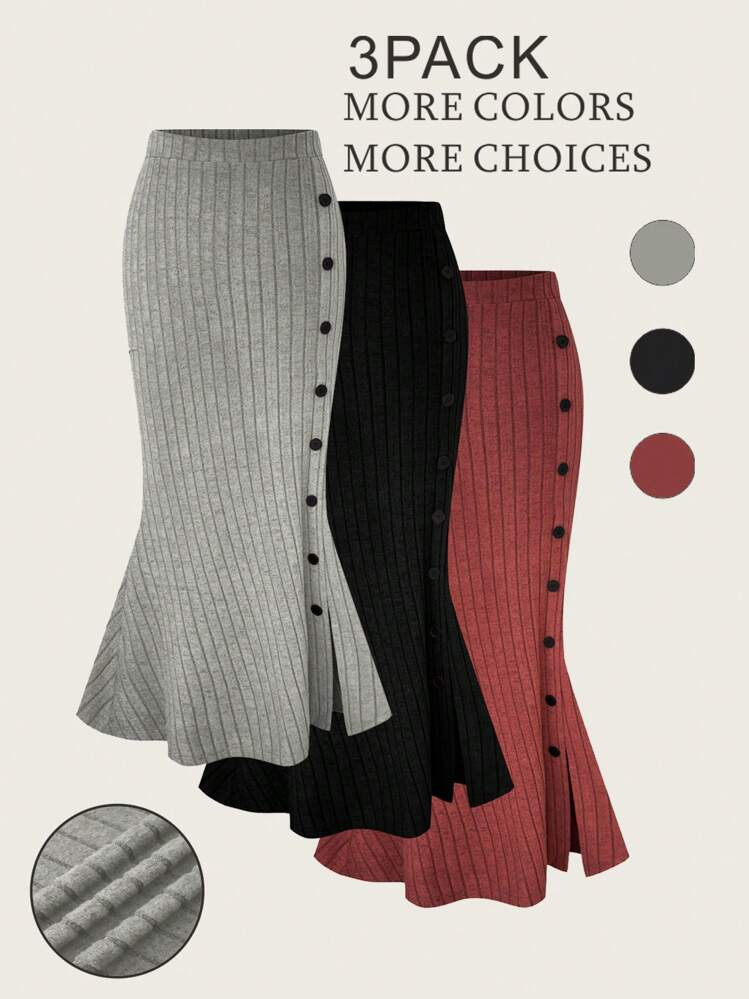 SHEIN MOOSTA Plus Size 3pcs Women Casual Maxi Split Ribbed Maxi Skirts Set | SHEIN