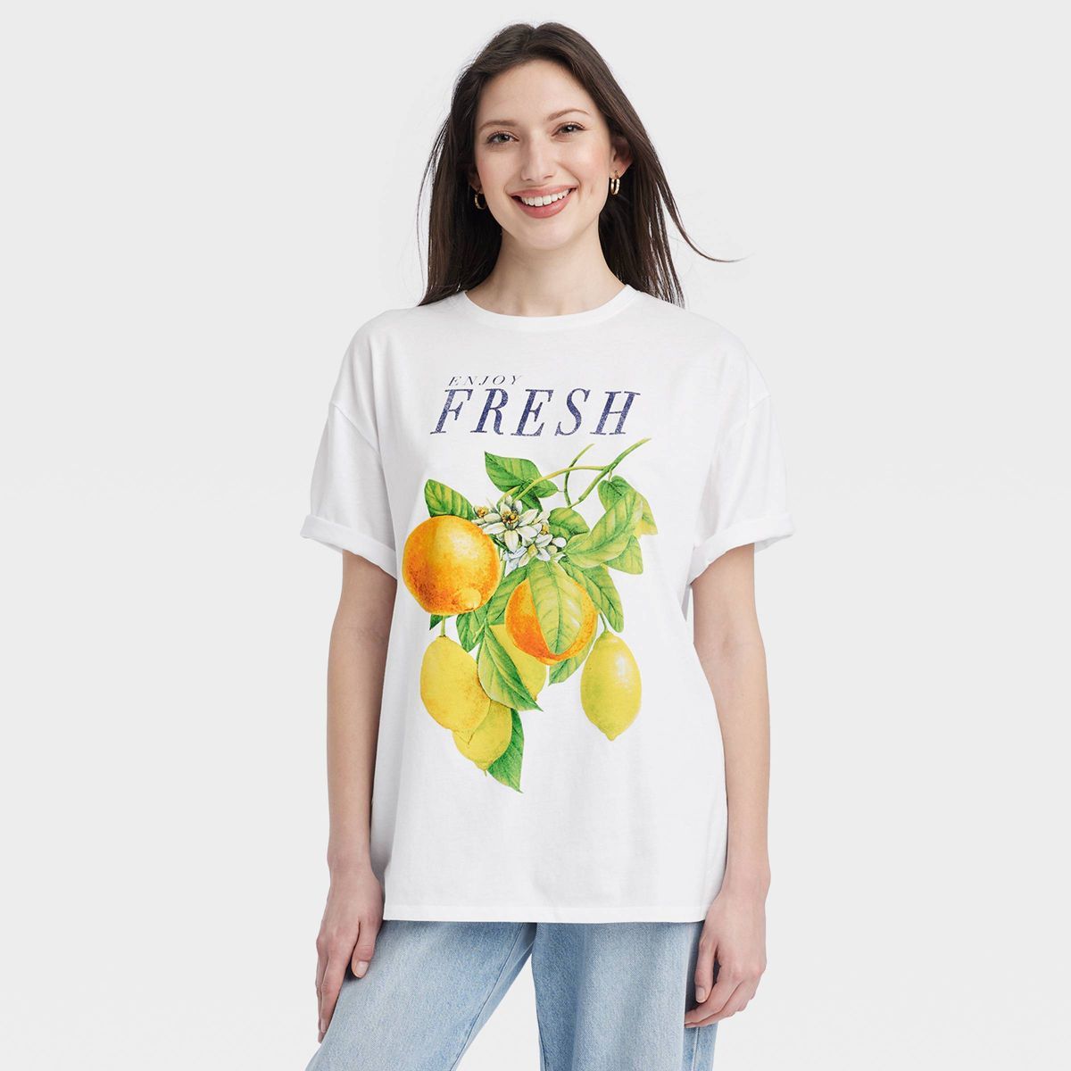 Women's Fresh Lemons Oversized Short Sleeve Graphic T-Shirt - White | Target