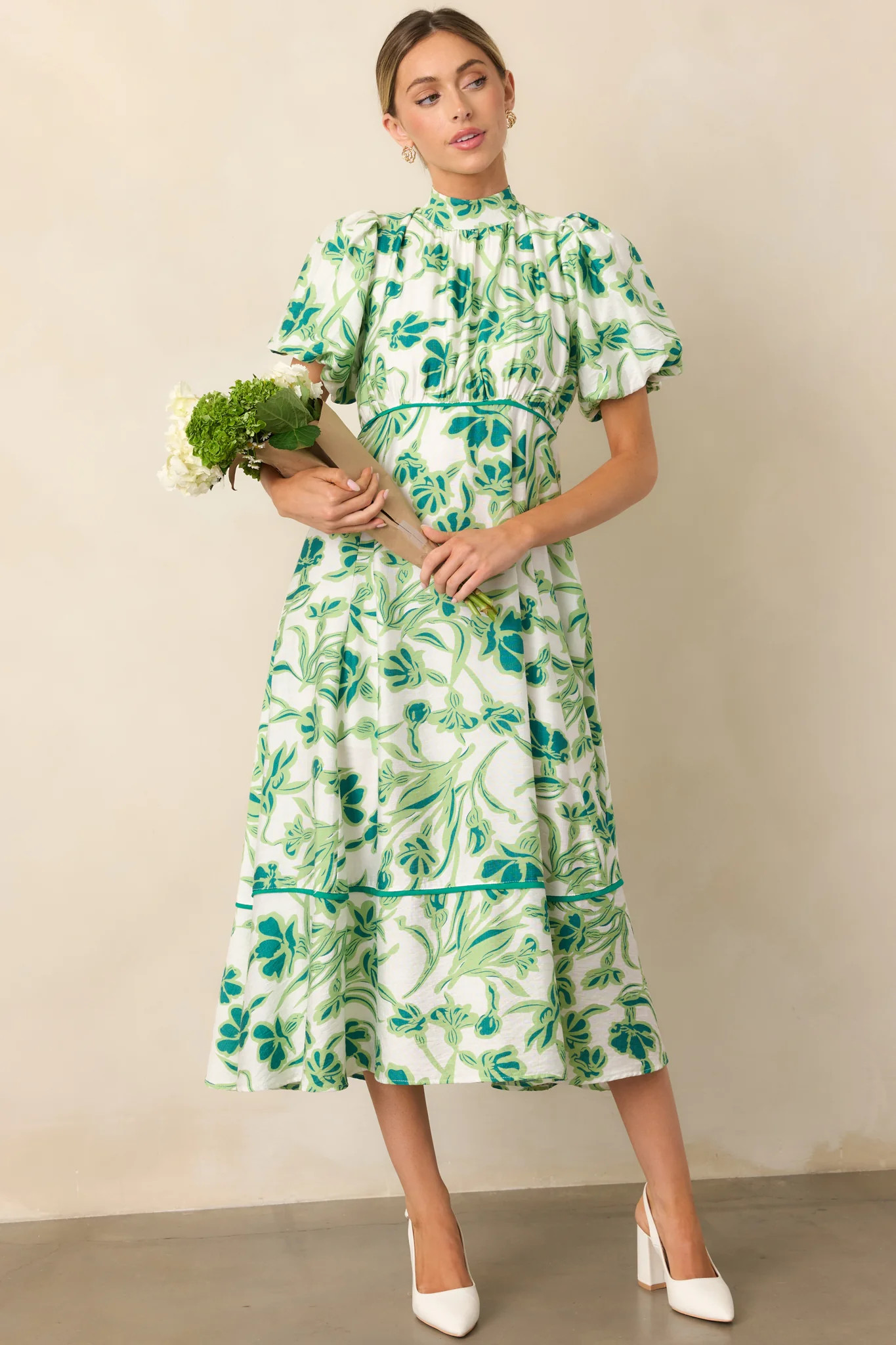 Blooming Season Green Floral Puff Sleeve Midi Dress | Red Dress