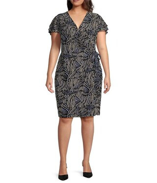 Anne Klein Plus Size Stretch Surplice V Neckline Flutter Cap Sleeve Wrap Dress | Dillard's | Dillard's
